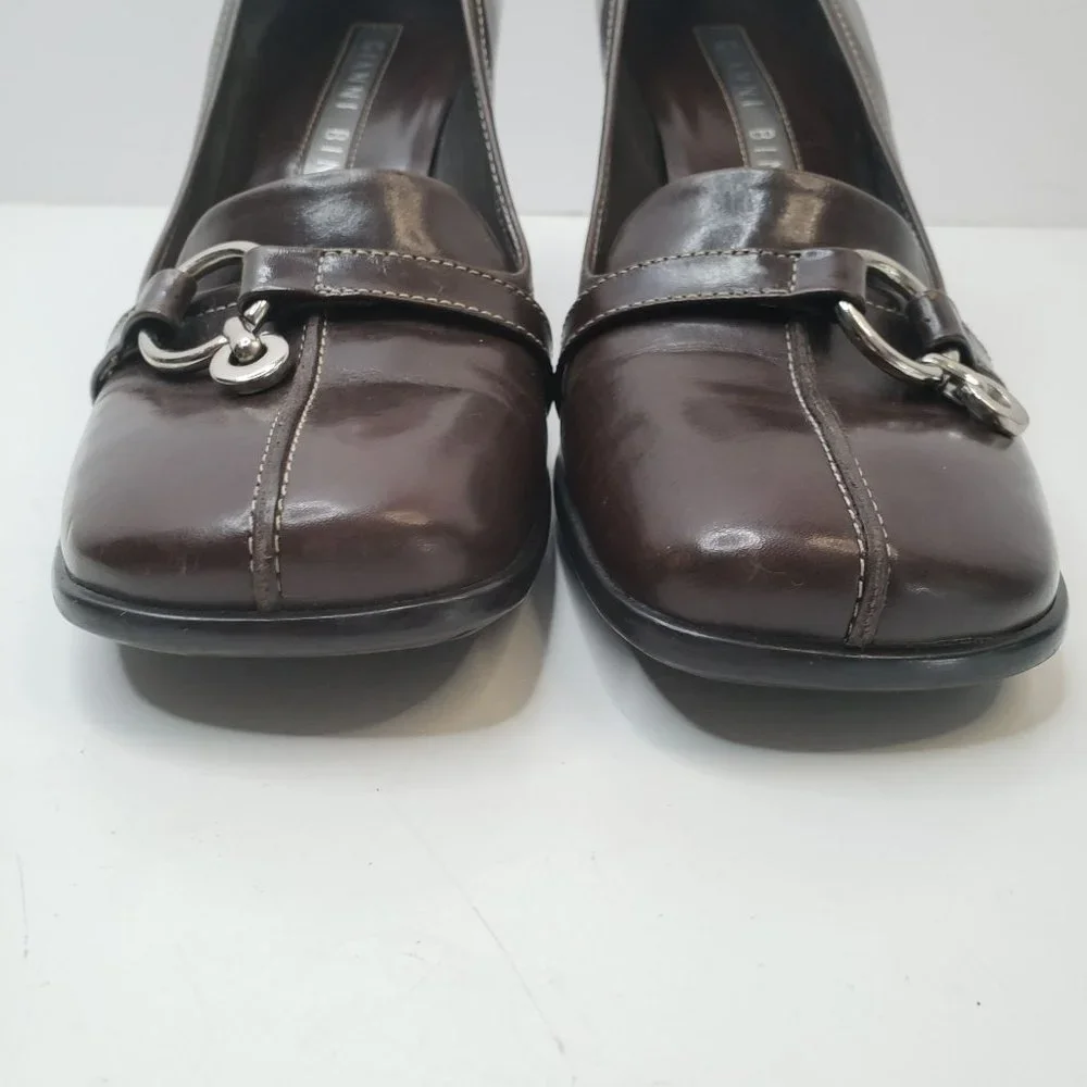 Gianni Bini Square Toe Pump Sz 7 Brown Leather Slip On Heeled Career Dress Shoe - Picture 4 of 11